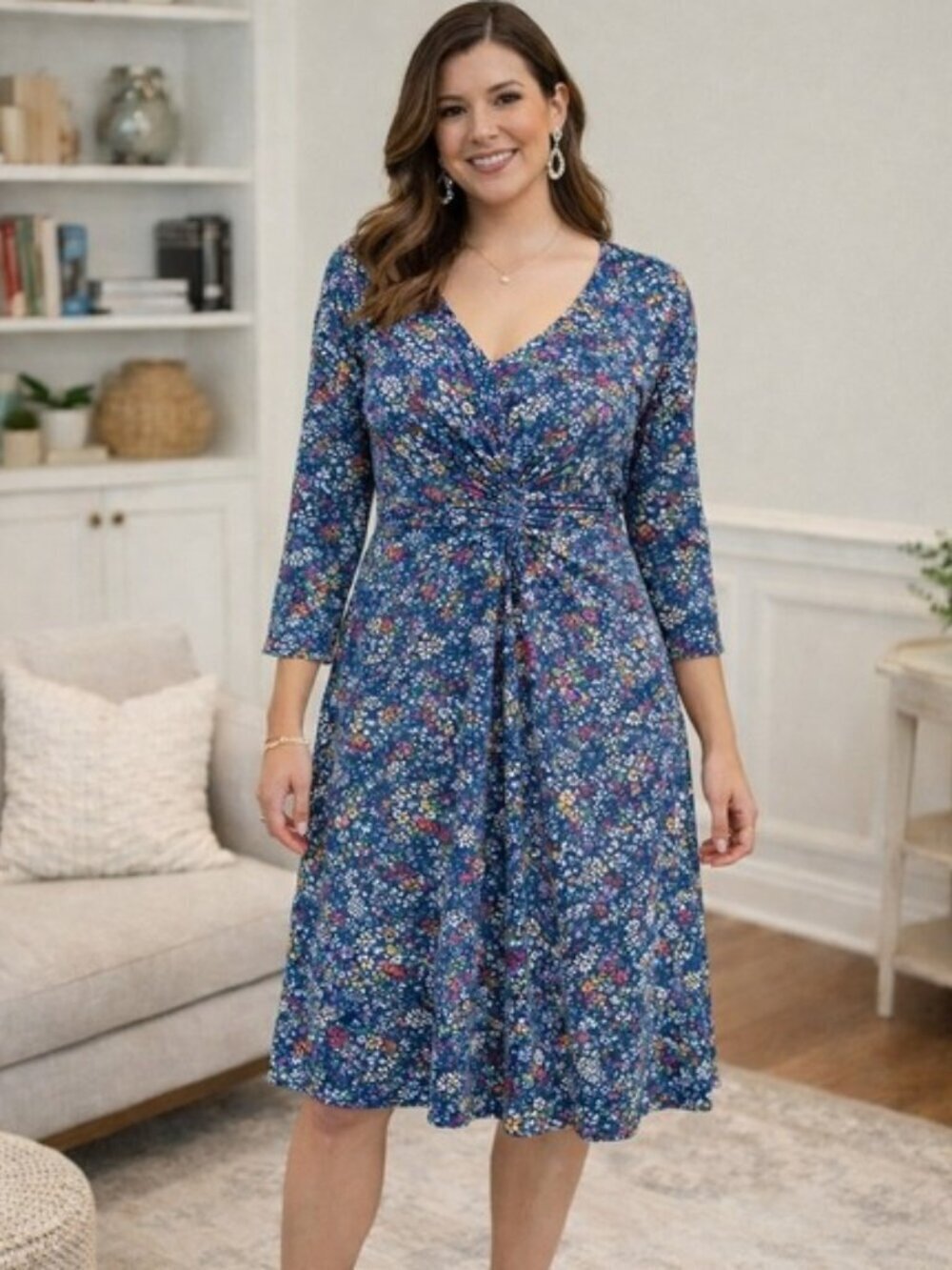Lands End Blue Floral Twist Front 3/4 Sleeve Feminine Midi Dress Women's Large